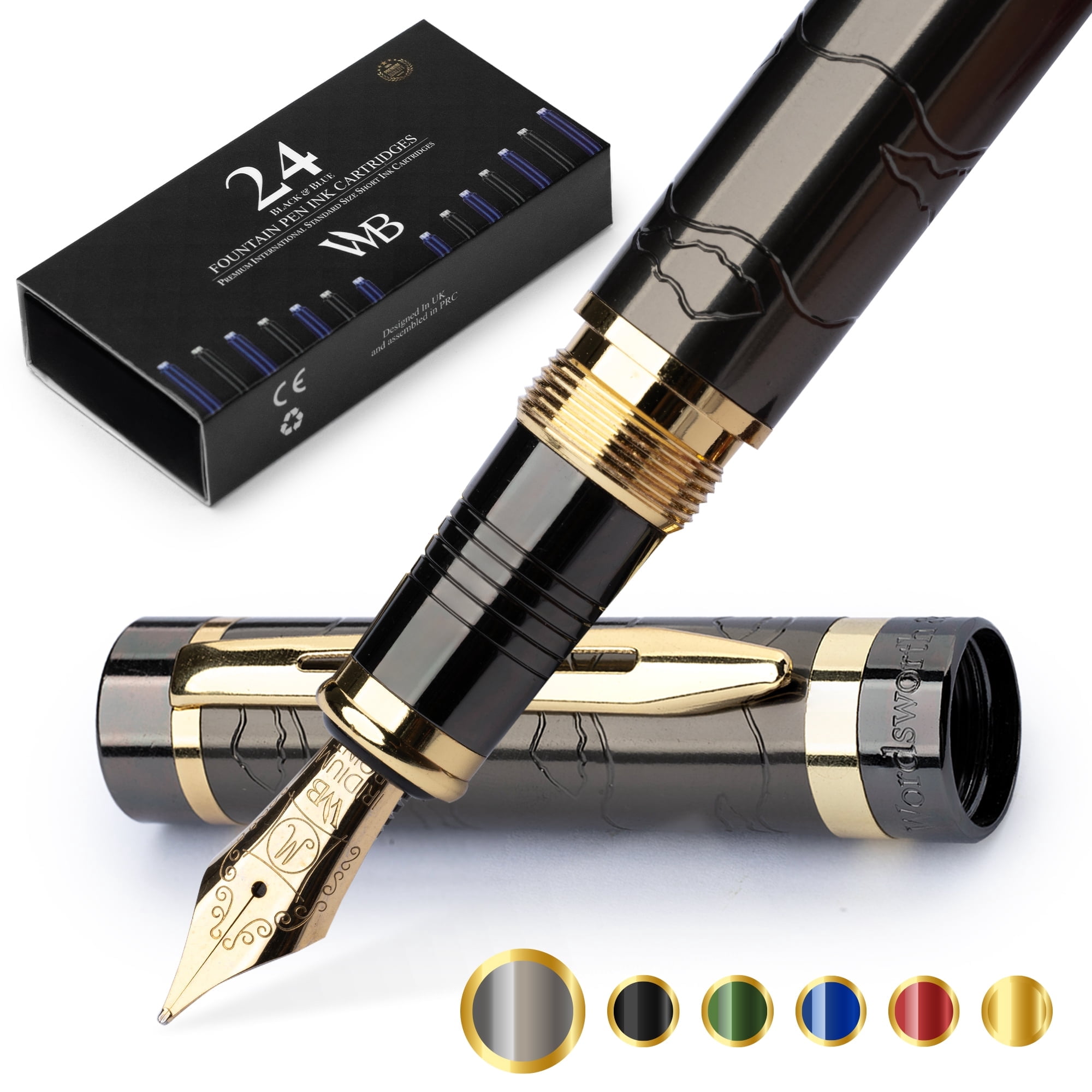 Wordsworth & Black Primori Fountain Pen Set [Gunmetal Gold]; Medium Nib, Gift Case, 06 Ink Cartridges, Refill Converter, Manual; Journaling, Calligraphy, Smooth Writing Pens; Left and Right Handed