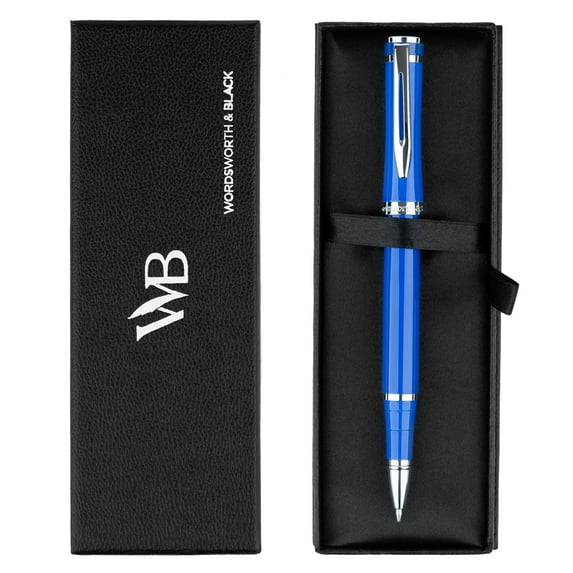 Wordsworth and Black Rollerball Pen - Luxury Pen - Chrome Finish, Blue Lacquer, Ink Refill, Refillable High Quality Gift for Men & Women, Professional Writing, Nice and Fancy Pens and for Work