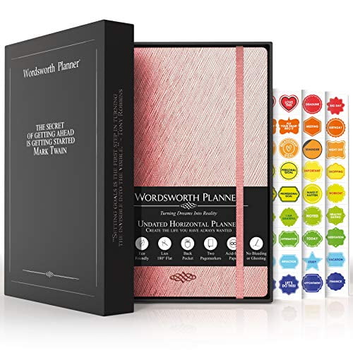 Wordsworth Planner– Weekly & Monthly Goal Setting Undated Planner, Habit Trackers, Time Management and Productivity Organizer, Gratitude Journal, A5, 1 Year – Rose Gold