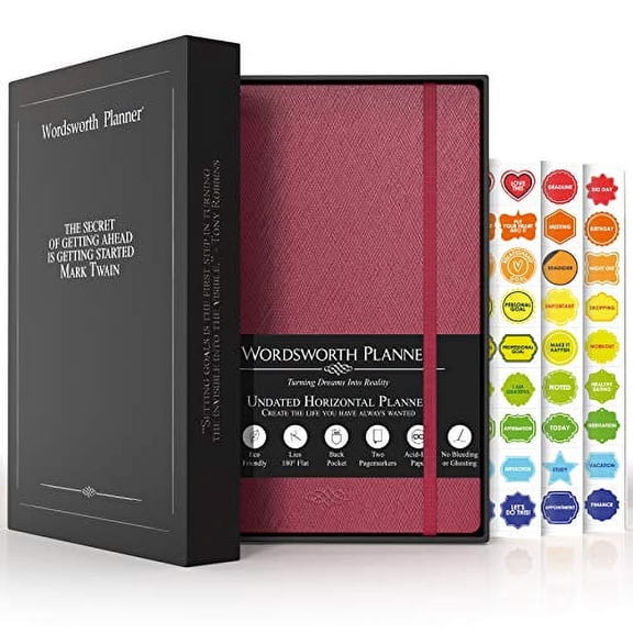 Wordsworth Undated Planner 2021-2022 - Weekly, Monthly, Yearly Planning, Organizer Notebook; Increase Productivity, Time Manage - Gratitude Journal; Hit Your Goals - Thick Paper (120GSM) A5, Raspberry