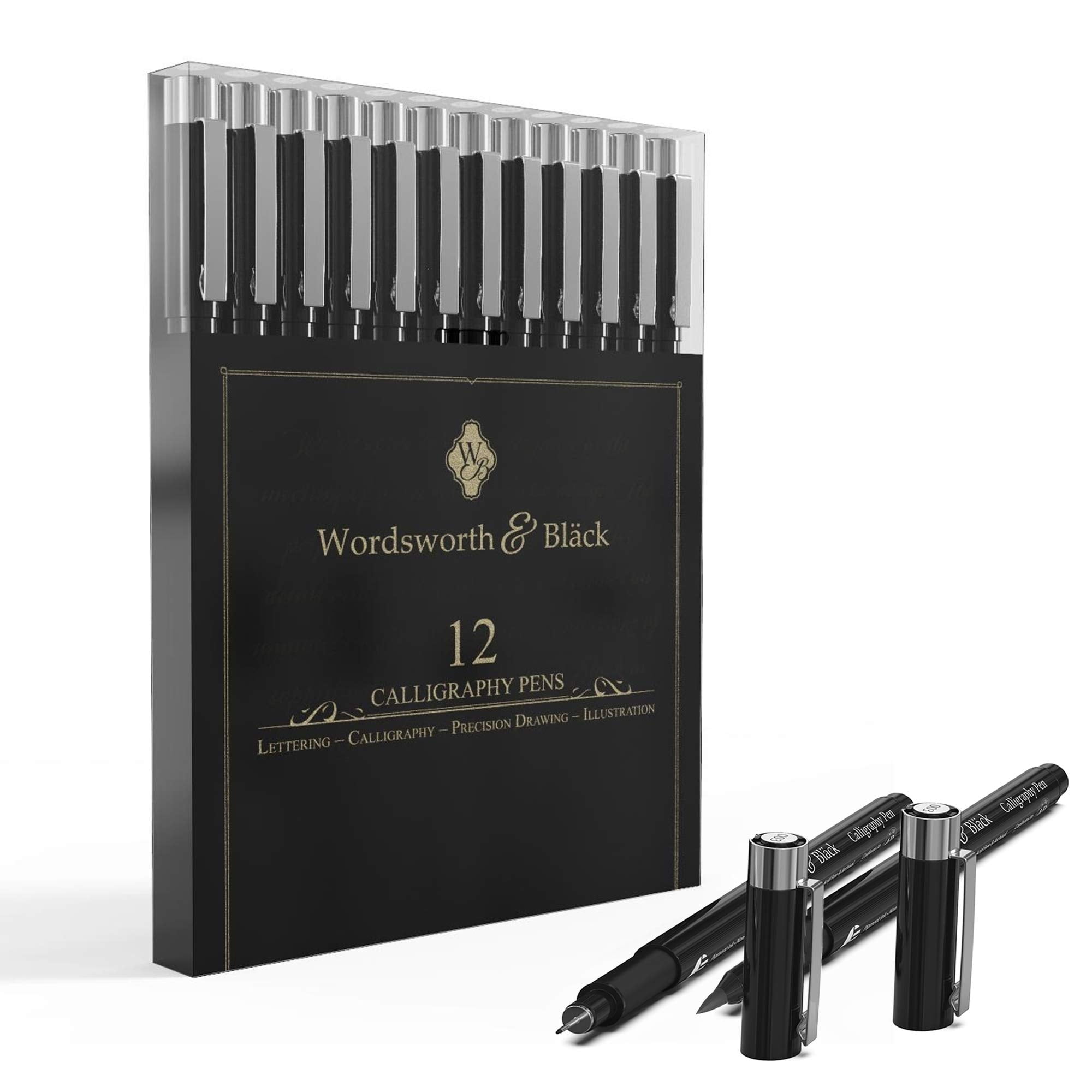 Wordsworth and Black 12 Piece Calligraphy Fineliner Pens Fine, Thin Tip and Brush Tips