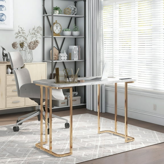 Woren Faux Marble Top Writing Desk with USB Ports, White and Gold