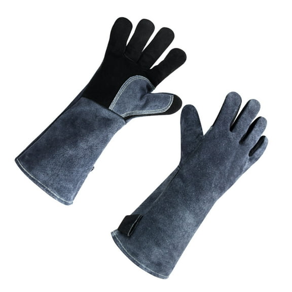Worgeous 1 Pair Heat Resistant Gloves Fire-resistant Leather Barbecue Gloves Cooking Gloves for Outdoor Use (16 Inches Grey + Black)
