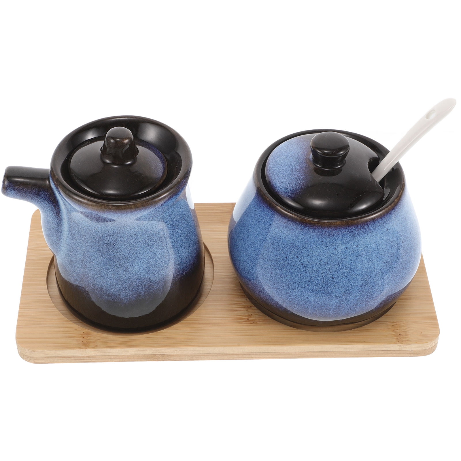 Worgeous 1 Set Japanese Vinegar Bottle Ceramic Soy Sauce Dispenser Condiment Pot Olive Oil Decanter Condiment Container Pot with Lid and Spoon with Holder for Kitchen