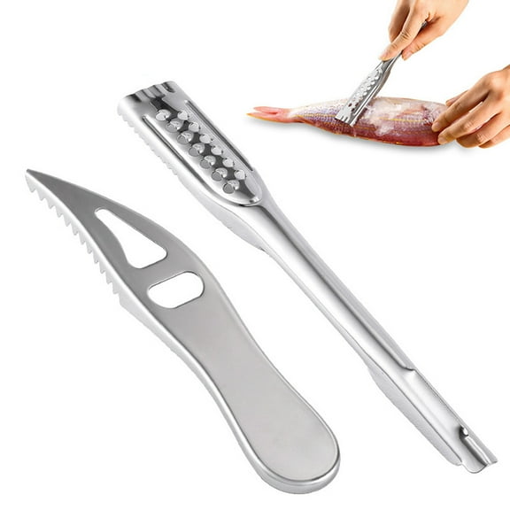 Worgeous 1 Set of 2pcs Stainless Steel Fish Scale Remover Manual Fish Scraper Seafood Knives Kitchen Tool Prong and Flat