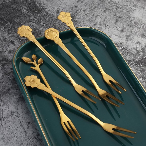 FONDOTIN Multi Function Fruit Forks Golden 10Pcs 5.3x0.7in Stainless Steel