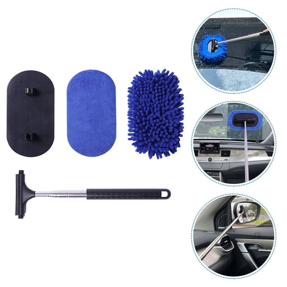 Worgeous 1Set 33x0.3937x18x0.3937in Blue Car Glass Cleaning Brush Stainless Steel Rubber Rearview Mirror Wiping Tool