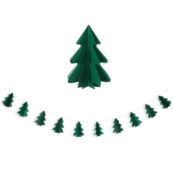 Worgeous 2.4m 3D Christmas Tree Banner Garland Paper Cardboard Bunting Hanging String Decorations Party Supplies (Dark Green, Horizontal)