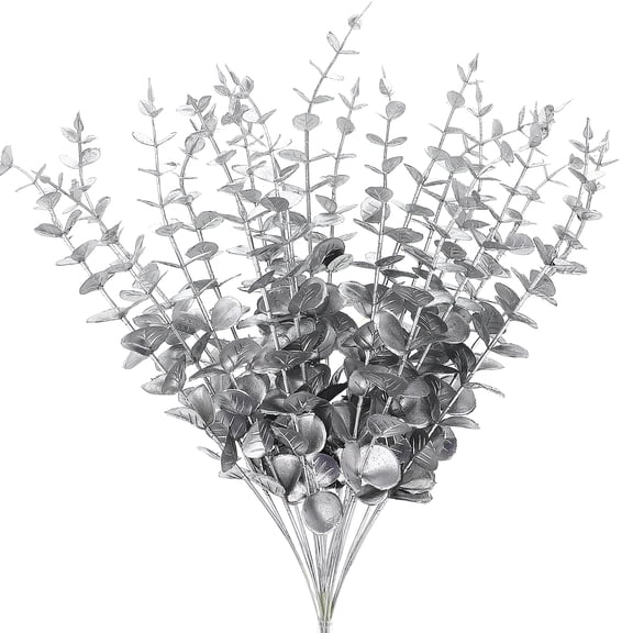 Worgeous 20 Pcs Bouquet Expandable Plastic Eucalyptus Leaves 37.00X3.50X3.20CM Silver