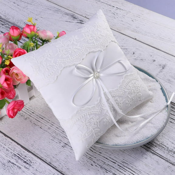 Worgeous 20x20cm Wedding Ring Pillow Cushion Bridal Pearl Ribbon Decorated Ring Bearer Pillow