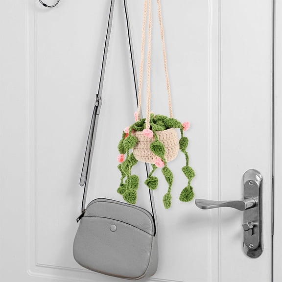 Worgeous 2pcs Cute Car Interior Decor Crochet Potted Plant Hanging Charm for Rear View Mirror Handmade Car Mirror Ornament Knitted Car Decor Boho Car Accessories