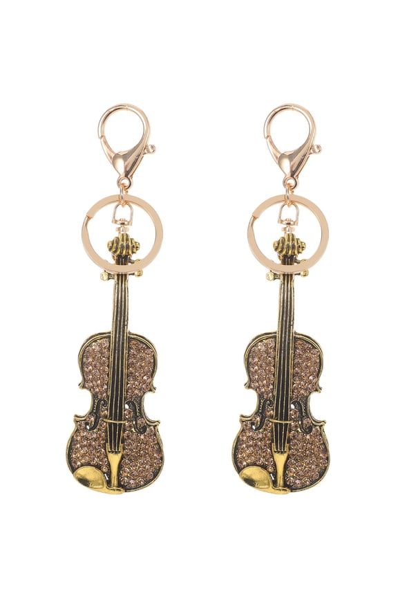 2pcs Shiny Violin Keychain Rhinestone Instrument Pendant Bag Ornament Hanging Metal Keychain