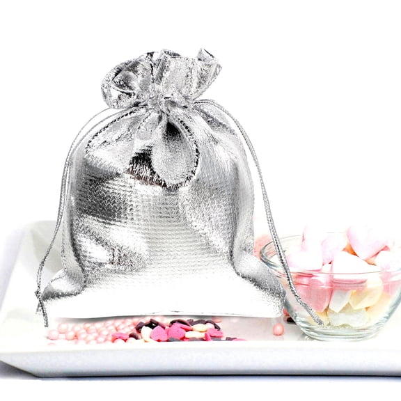 Worgeous Drawstring Bags Silver Fabric 30Pcs 4.7X3.5X0.1In