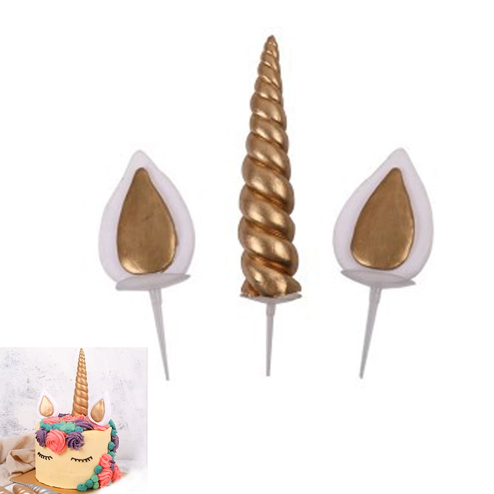 Worgeous 3PCS Unicorn Birthday Cake Toppers Set Unicorn Party Decoration including One Unicorn Horn and Two Ears Set for Baby Shower Wedding Birthday Party - Gold (L)
