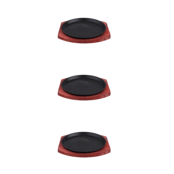Worgeous 3pcs Sizzling Fajita Pan Cast Iron Griddle Set with Wooden Steak Plate Iron Pan Plate BBQ Grilling Plate for Home Restaurant Use