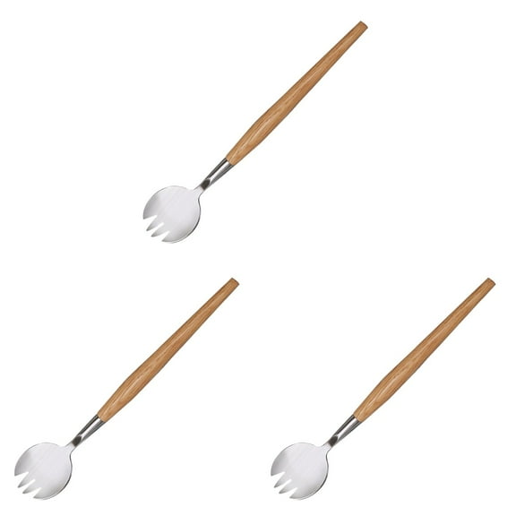 WEUVEB Stainless Steel Salad Fork Set with Light Brown Wooden Handles, 3 Pieces for Home and Kitchen Use
