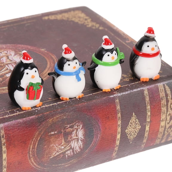 Raindrops Green Scarf Resin Mini Penguin Ornament 4Pcs 1.4 x 1.1 x 1.1in