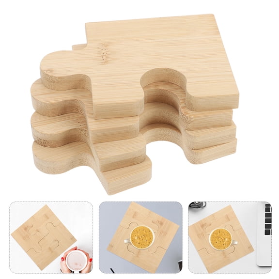 COSMOBETTY Puzzle Coaster Wooden Beige 4Pcs 4.1x3.1x0.6In