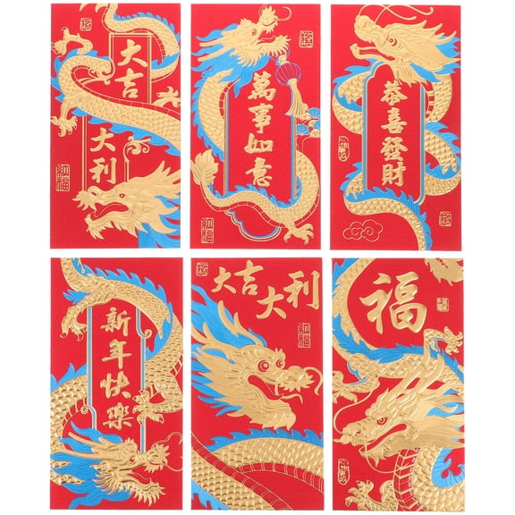 Worgeous 6Pcs Chinese Style Red Envelopes for New Year Celebration 17x9cm Glitter Paper