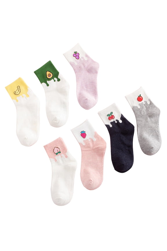 Worgeous 7 Pairs Fruit Printing Socks Mid-tube Sock Cotton Stockings Breathable Women Stockings for Women (Mixed Pattern)