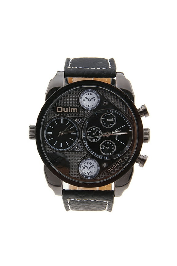 9316 Cool Men's Big Round Dial Dual Time Display Quartz Wrist Watch with PU Band (Black)