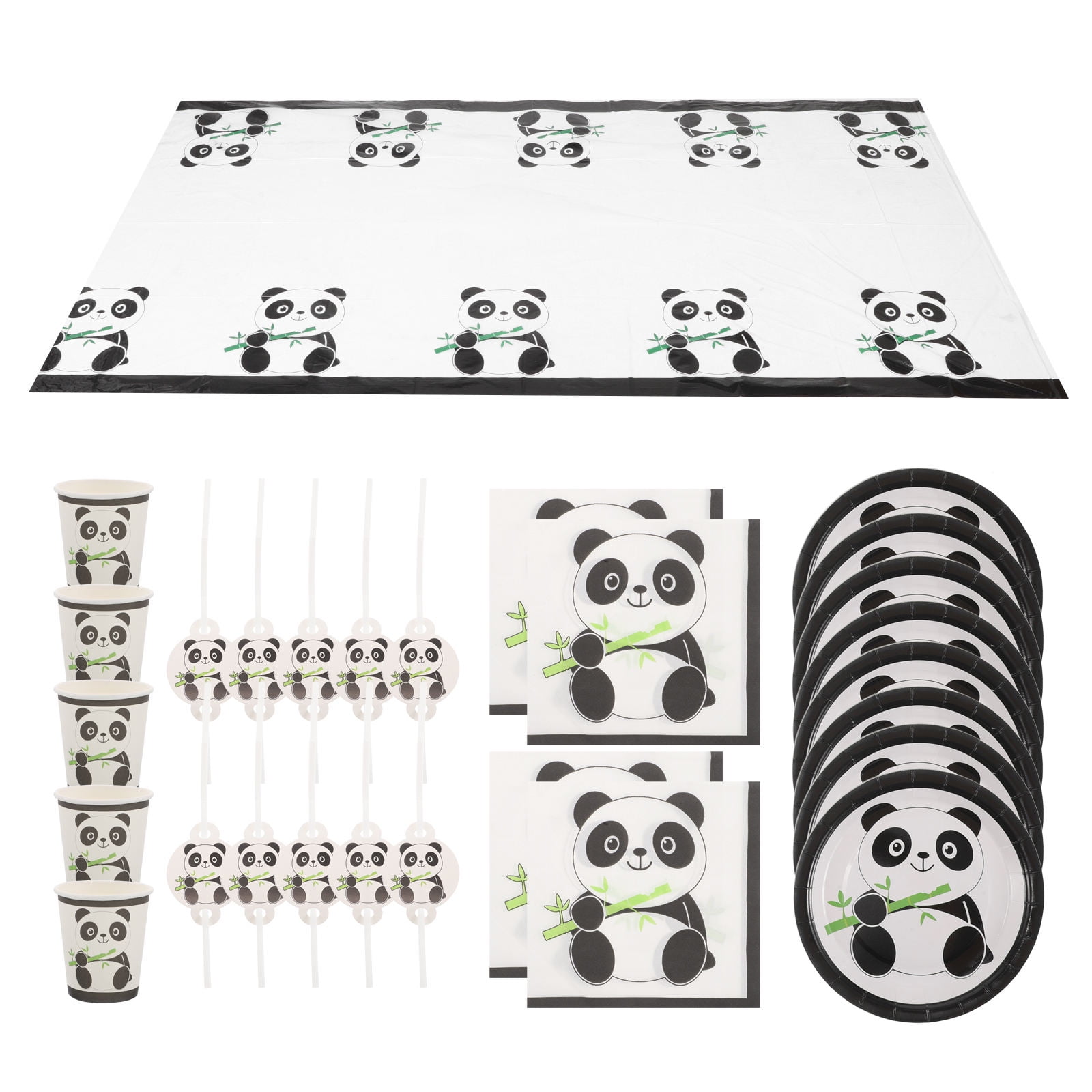 Worgeous Assorted Color Panda Birthday Party Supplies Set Includes Tablecloth Plates Cups Napkins Straws 51pcs Paper