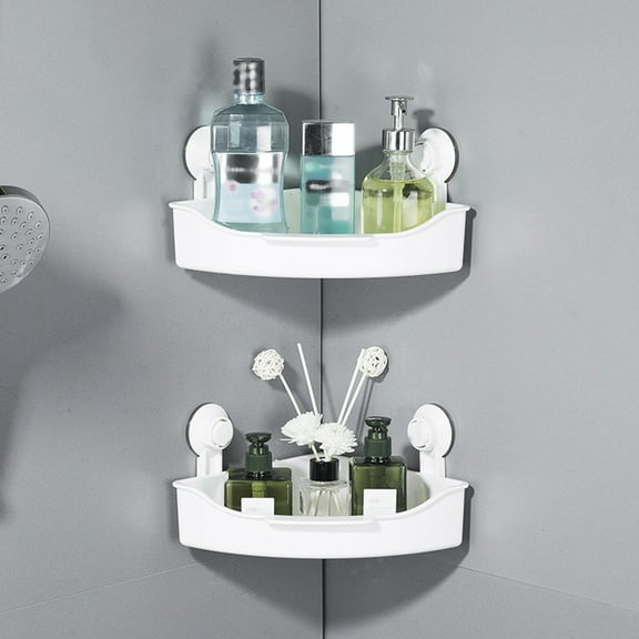 Worgeous Bathroom No Drilling Shower Corner Basket Suction Cup Plastic Kitchen Storage Shelf Triangle Shelf Wall Mounted Shower Storage Shelf Organizer for Kitchen Toilet (White)