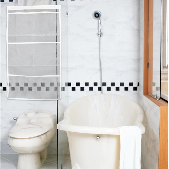 Worgeous White Hanging Mesh Shower Organizer Bag for Bathroom - Durable 62.5 x 14 Inch, 1 Pack Storage Solution
