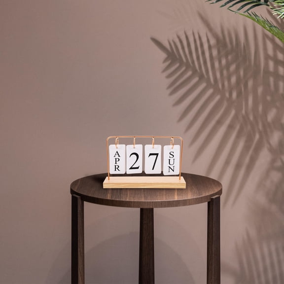 WHAMVOX Rose Gold Reusable Desk Calendar with Wooden Base and Iron Frame for Decoration 4.3 x 3.1 x 1.2 inches