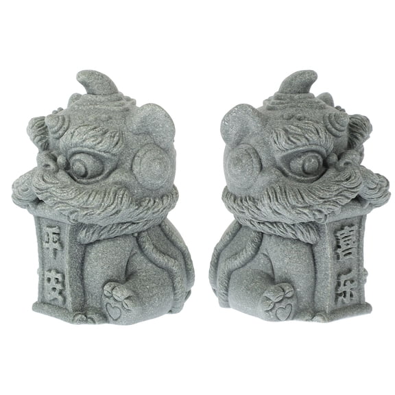 Worgeous Exquisite Resin Lion Statue for Decor Grey Color Traditional Chinese Style Desktop Ornament 2 Pieces