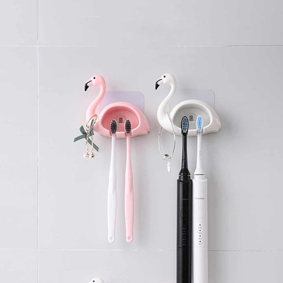 Worgeous Flamingo Shaped Toothbrush Holder Stand Pink Plastic Suction Cup Rack for Bathroom Storage