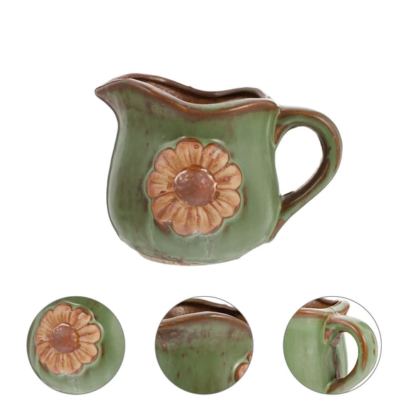 RENACLIPY Green Ceramic Plant Pot with Daisy Pattern, Retro Style Flower Planter, Wide Bottom, Lightweight and Easy to Move