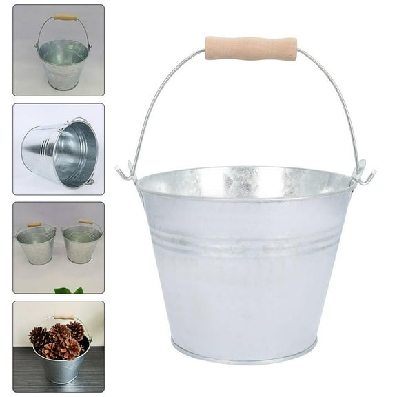 Worgeous Large Capacity Iron Fireplace Ash Bucket for Storage Use Silver Metal Ash Can with Wood Handle