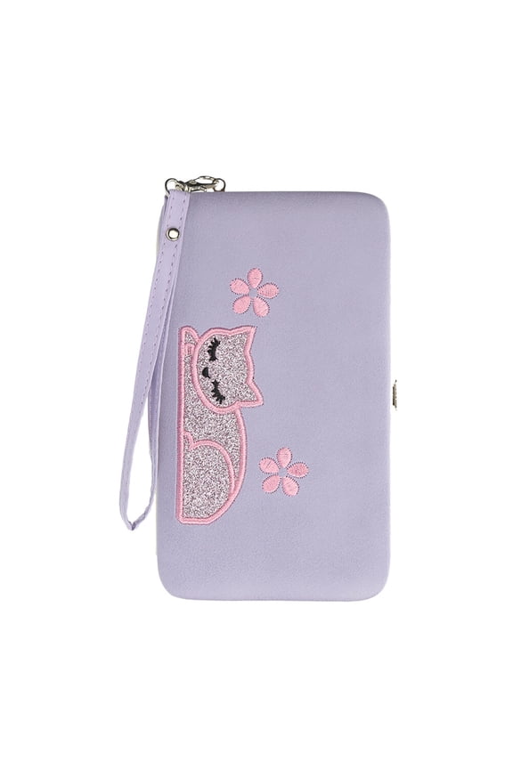 Lavender Women wallet with Cat Embroidery Made of PU Leather for Storage Compact and Practical 7.8 x 4.3 inches
