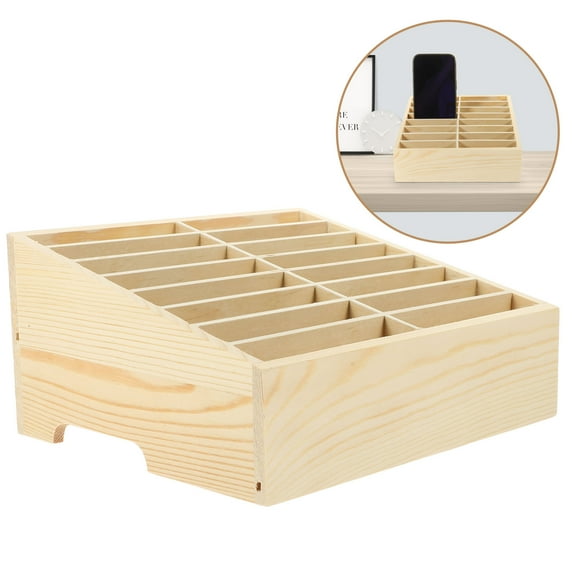 RENACLIPY Beige Wooden Multi-Grid Phone Organizer for Home and Office Desk Storage and Charging Station