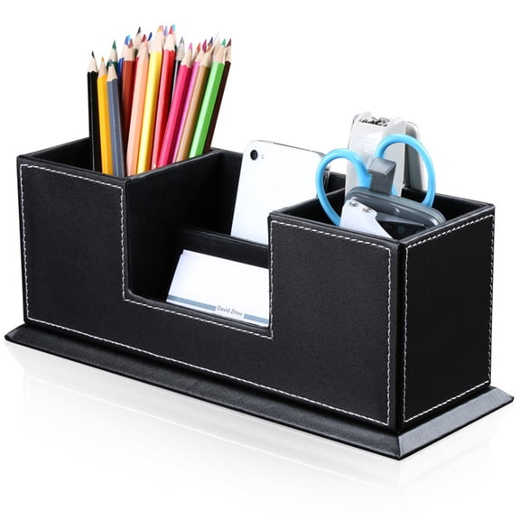 Worgeous Multifunction Leather Double Pen Holders 4 Compartment Container Desktop Organizer Office Supplies for Business Phone Pencil (Black)