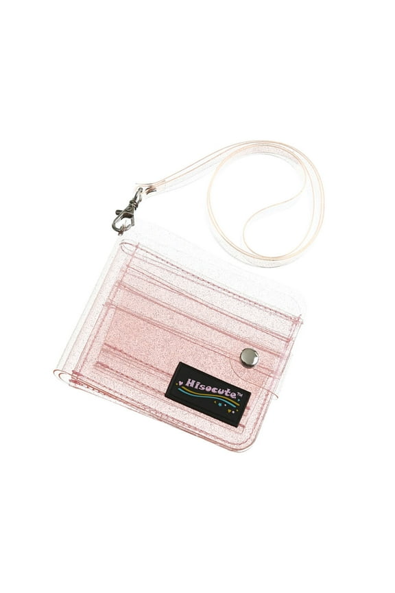 PVC Transparent Holder Foldable Glitter Multiple ID Slot Bag with Hanging Strap for Women Girls Ladies (Light Pink)