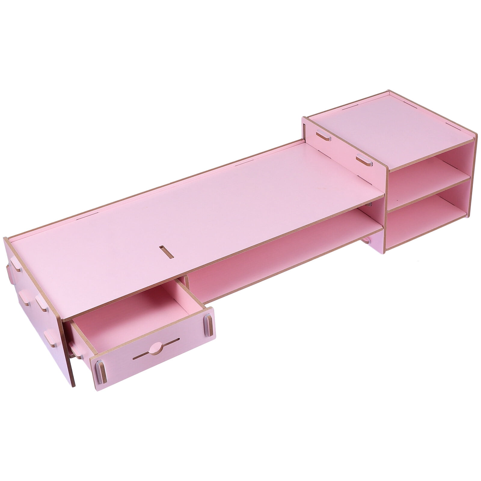 Pink & White Bamboo Monitor Stand With Drawer – No Assembly Needed Desk Organizer