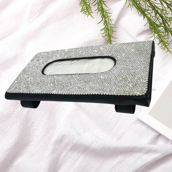 Worgeous Rhinestone Inlaid Tissue Box Cover for Car Use Black PU Material Durable and Fashionable 1PC