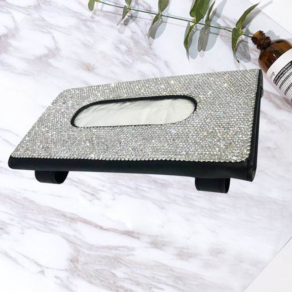 Worgeous Rhinestone Inlaid Tissue Box Cover for Car Use Made of PU and Rhinestones Black 1PC