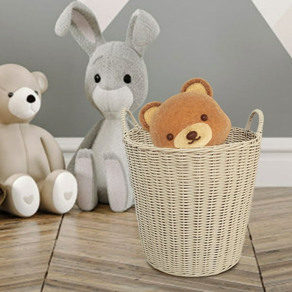 FONDOTIN 1Pc Beige Plastic Laundry Basket Woven Style Portable Dirty Clothes Holder with Handles