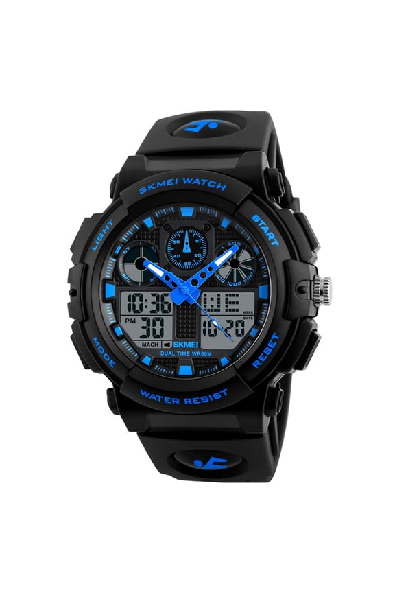 Waterproof Blue Digital Sports Watch for Men with LED Backlight Dual Time Chronograph PU and Metal Strap 50M