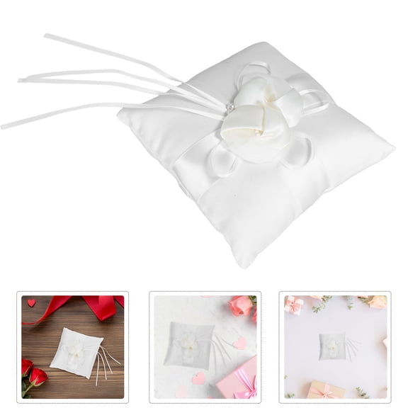 Worgeous White Wedding Ring Bearer Pillow with Satin Ribbons Faux Pearls and Flower Bud Buckle 6x6 inch