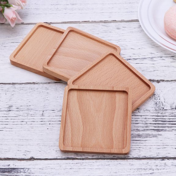 FONDOTIN 4Pcs Natural Wood Round Coaster Cup Mat with Groove for Hot Drinks Khaki Color