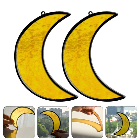 Worgeous Yellow Acrylic Moon Shaped Window Hanging Suncatcher with Rope for Decoration Use
