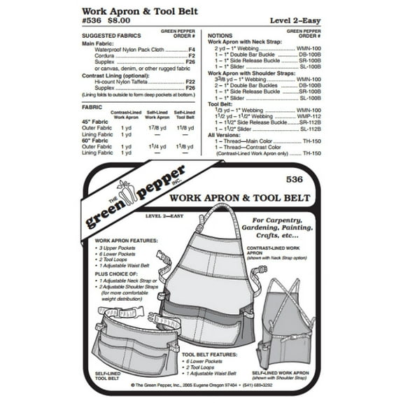 Work Apron & Tool Belt #536 Sewing Pattern (Pattern Only)
