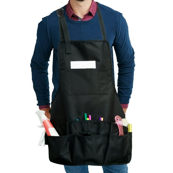 Work Apron Waterproof 600D Oxford Cloth House Cleaning Apron with Tool Pockets and Dual Shoulder Straps Multipurpose Tool Apron Adjustable Kitchen Apron for Most Men Women