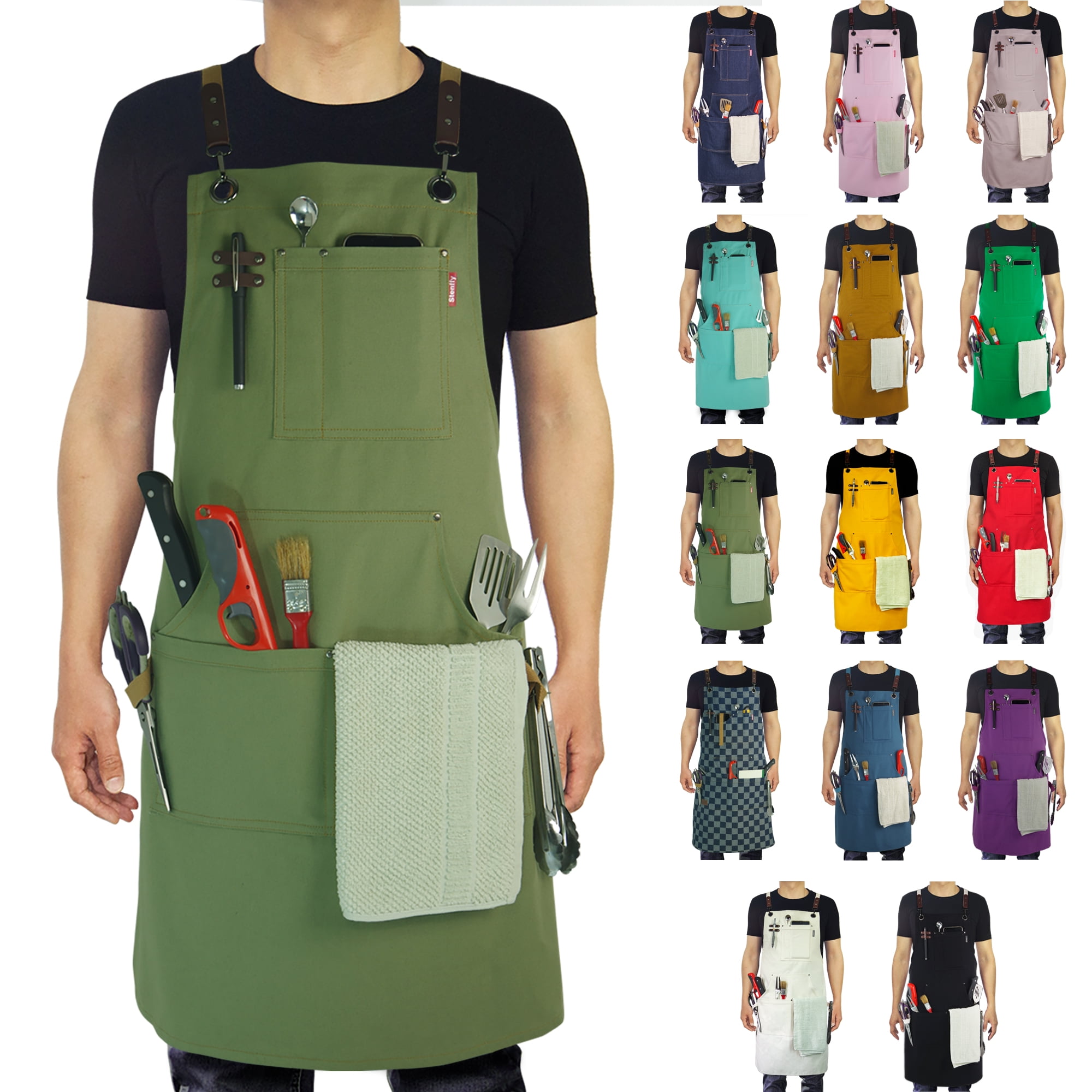 Olive Green Cotton Canvas Multi-Pocket Adjustable Work Apron