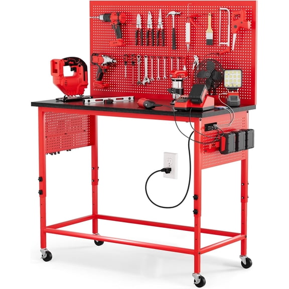 Work Bench 47" Heavy Duty Workbench with Power Outlet & USB-C Exclusive Red Side Battery Holder Adjustable Height 2100LB Capacity Locking Wheels for Garage Workshop