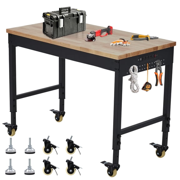Work Bench 60x22 in Work Table for Garage, Adjustable Height Workbench on Wheels, Rubberwood Tabletop for Woodworking Workshop, Workstation with 2000 LBS Heavy Loading, Power Outlet